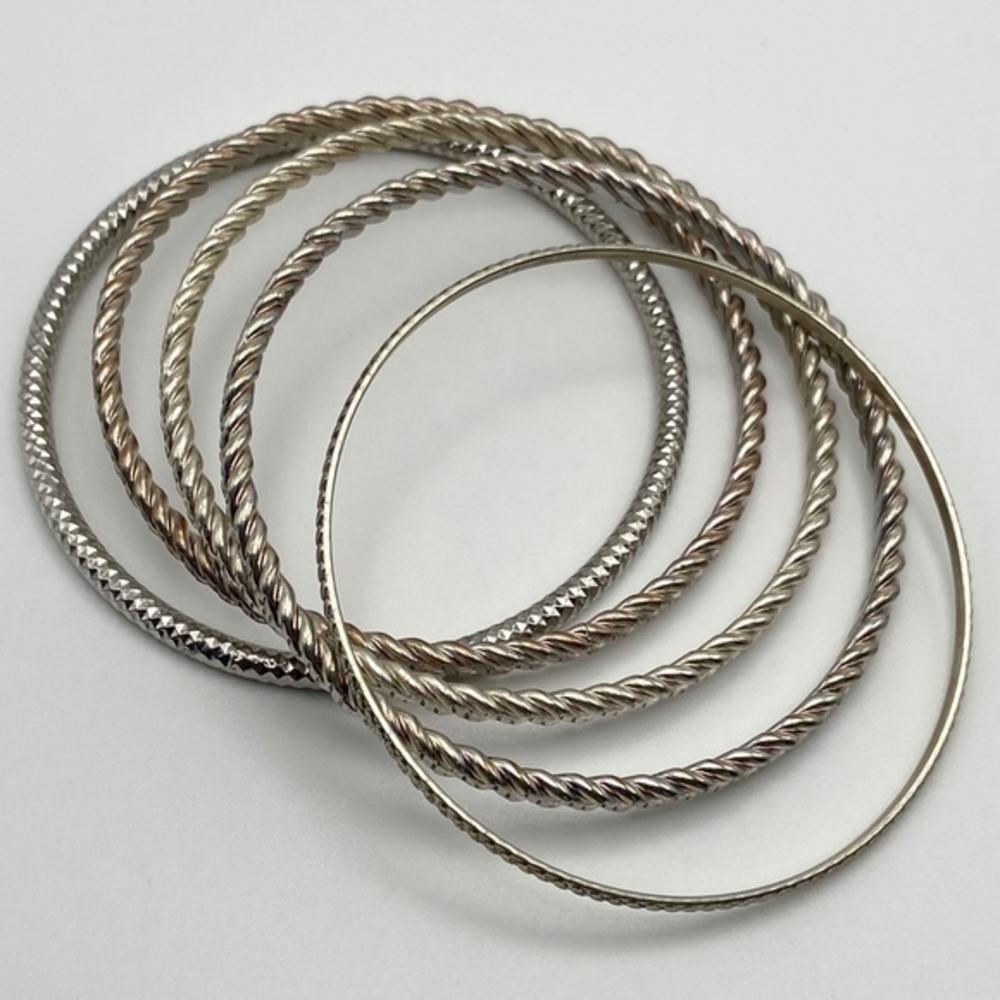 Bangle Bracelets Silver Tone Textured Boho 5 Piece Set - Picture 7 of 9